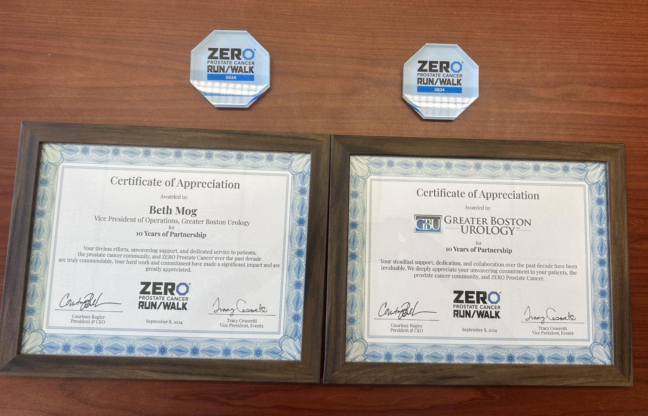 two plaques showing recognition for GBU's involvement in the ZERO prostate cancer walk